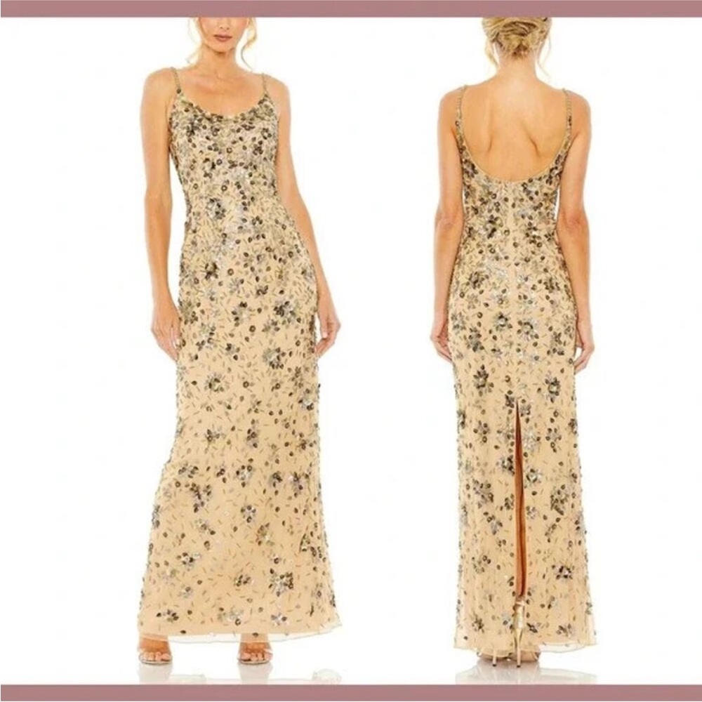 Mac Duggal 5477 Beige Gold Floral Embellished Scoop Neck Evening Gown Sz 10